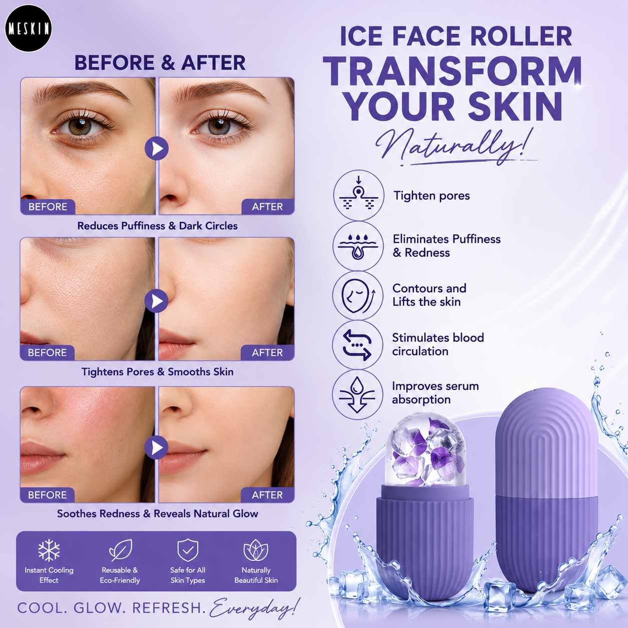 Reusable Silicone Ice Face Roller & Ice Cube Facial Massager | Skin Tightening, Pore Minimizing, Puffiness & Dark Circle Remover